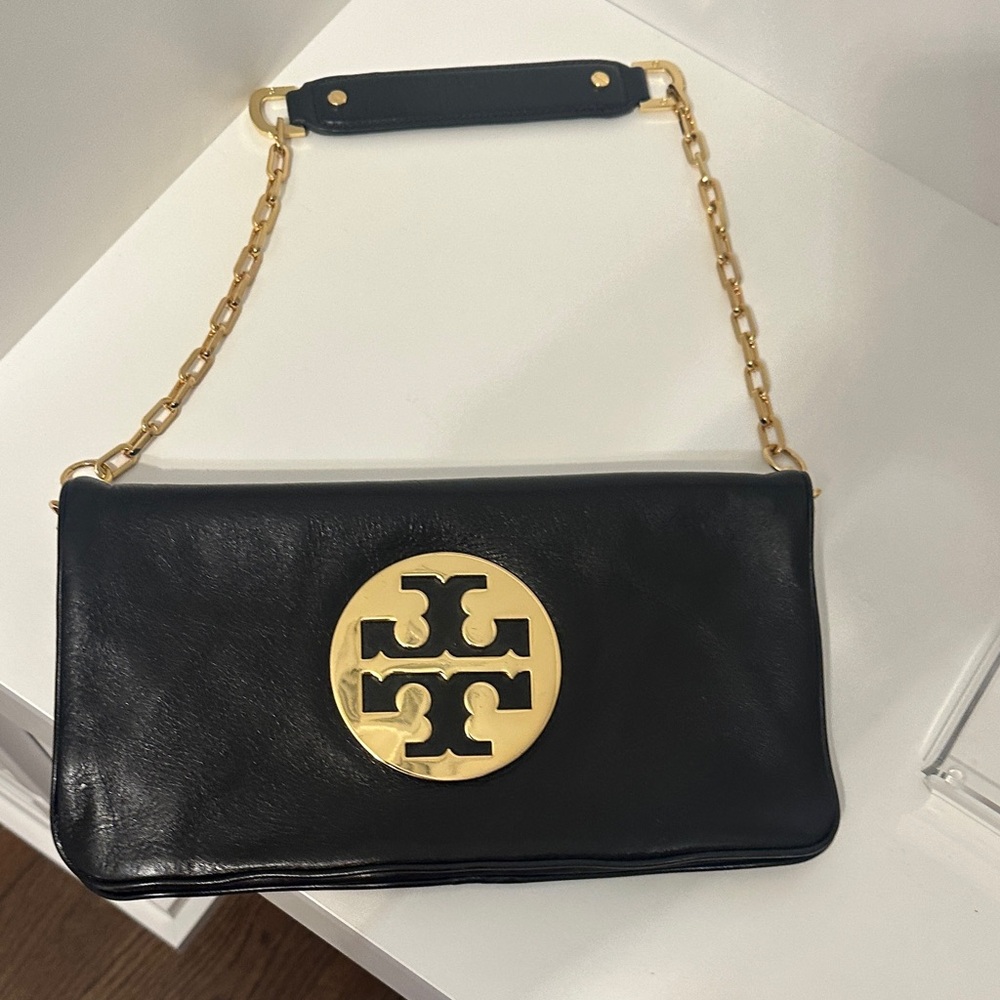 Tory Burch Black Clutch with Gold Chain